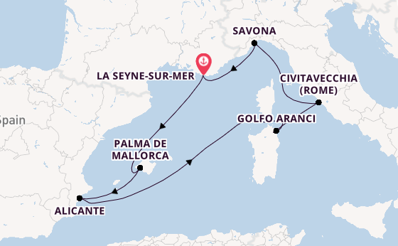 Westelijke Middellandse Zee vanaf La Seyne-sur-Mer, Frankrijk met de Costa Pacifica