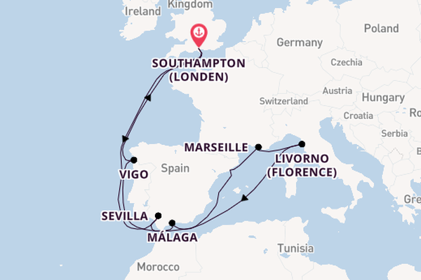 Westelijke Middellandse Zee vanaf Southampton (Londen), Engeland met de Queen Mary 2