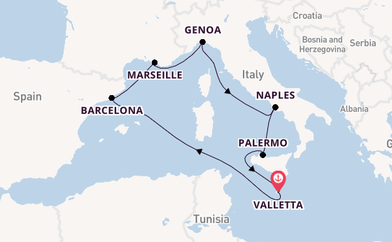 Western Mediterranean from Valletta, Malta with the MSC Seaview