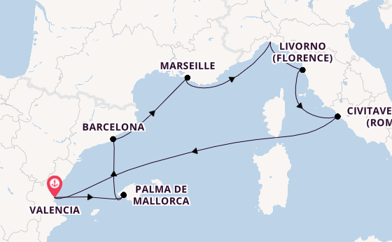 Westelijke Middellandse Zee vanaf Valencia, Spanje met de MSC Sinfonia