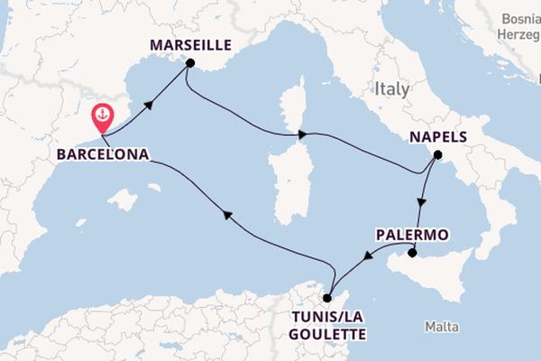 Westelijke Middellandse Zee vanaf Barcelona, Spanje met de Carnival Sunshine