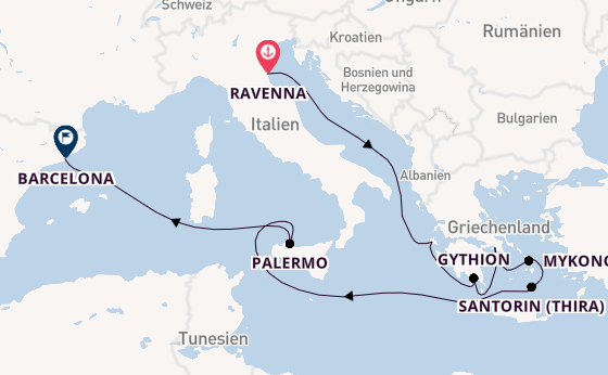 Mittelmeer ab Ravenna, Italien auf der Seven Seas Prestige