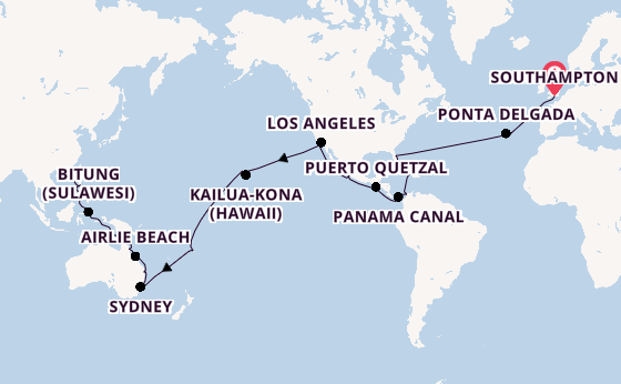 Round-the-World Trip from Southampton, England with the Queen Anne