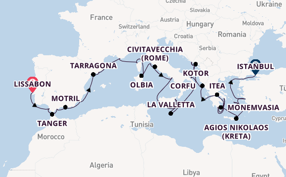 Middellandse Zee vanaf Lissabon, Portugal met de Seabourn Ovation