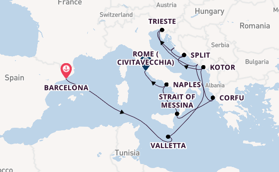 Mediterranean Sea from Barcelona, Spain with the Queen Elizabeth