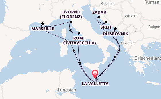 Mittelmeer ab La Valletta, Malta auf der Azura