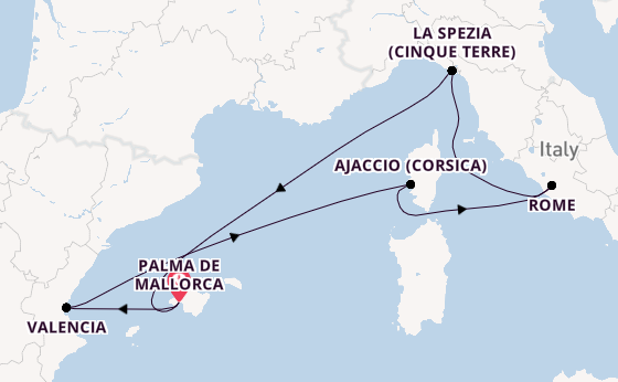 Westelijke Middellandse Zee vanaf Palma de Mallorca, Mallorca, Spanje met de Mein Schiff 3