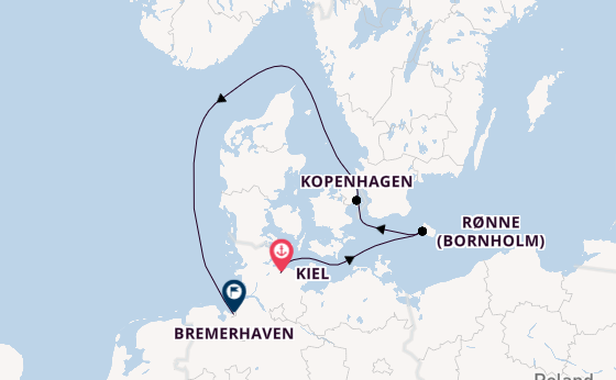 Europa vanaf Kiel, Duitsland met de Amadea