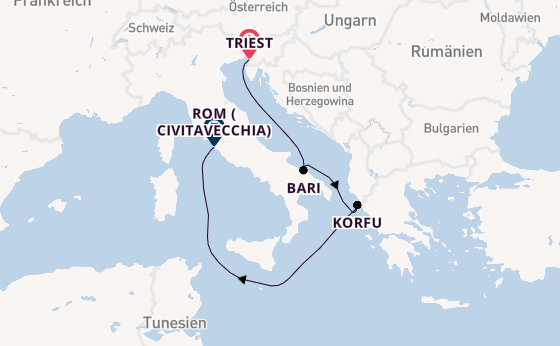 Westliches Mittelmeer ab Triest, Italien auf der Costa Deliziosa