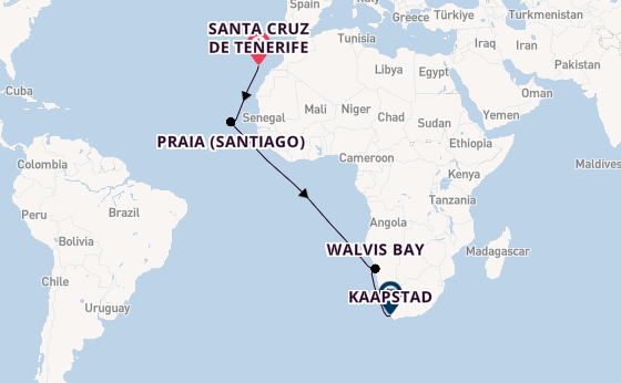 Zuidelijk Afrika vanaf Santa Cruz de Tenerife, Tenerife, Spanje met AIDAperla