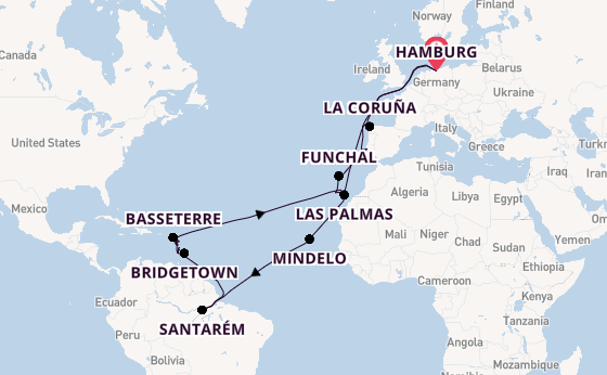 trans-Atlantisch vanaf Hamburg, Duitsland met AIDAmar