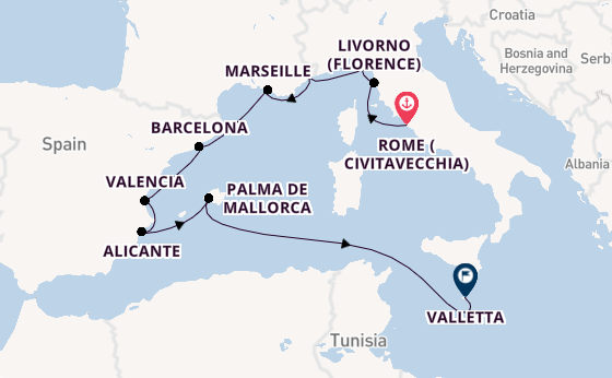 Western Mediterranean from Rome (Civitavecchia), Italy with the Sirena
