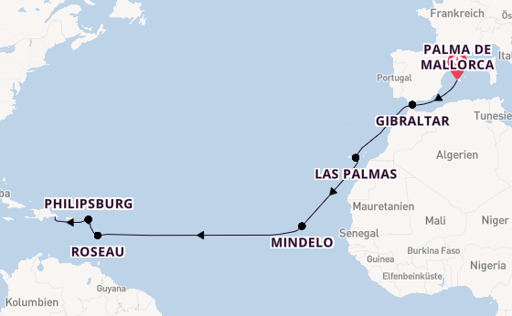 Karibik ab Palma de Mallorca, Spanien auf der Mein Schiff 5