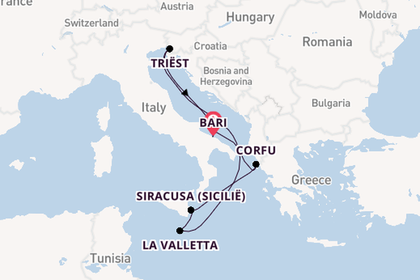 Westelijke Middellandse Zee vanaf Bari, Italië met de Costa Deliziosa