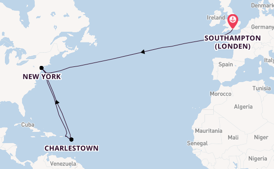 trans-Atlantisch vanaf Southampton (Londen), Engeland met de Queen Mary 2