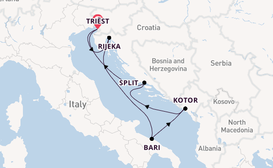 Middellandse Zee vanaf Triëst, Italië met de Mein Schiff 4