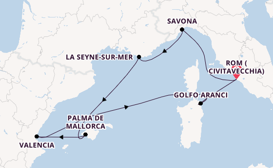Westliches Mittelmeer ab Civitavecchia (Rom), Italien auf der Costa Pacifica