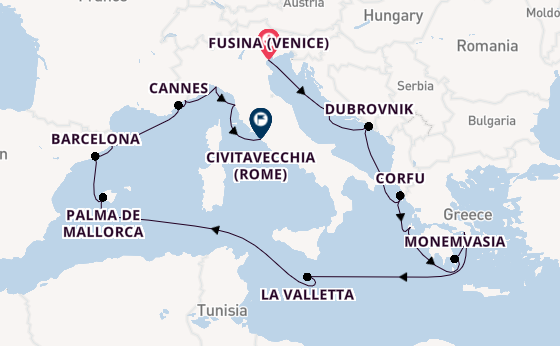 Middellandse Zee vanaf Fusina (Venice) met de Seven Seas Grandeur