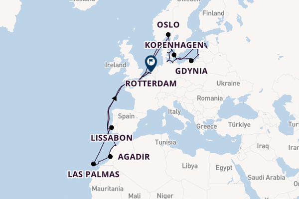 Canarische Eilanden vanaf Amsterdam, Nederland met de Nieuw Statendam