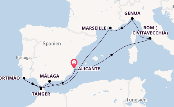 Mittelmeer ab Alicante, Spanien auf der MSC Sinfonia