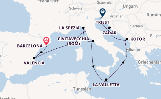 Mittelmeer ab Barcelona, Spanien auf der Queen Elizabeth