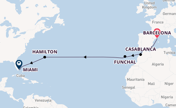 trans-Atlantisch vanaf Barcelona, Spanje met de Seven Seas Voyager