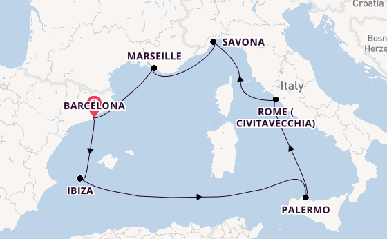 Western Mediterranean from Barcelona, Spain with the Costa Toscana