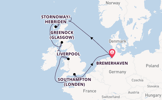Verenigd Koninkrijk vanaf Bremerhaven, Duitsland met de Mein Schiff 2 