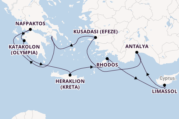 Oostelijke Middellandse Zee vanaf Athene (Piraeus), Griekenland met de Celebrity Infinity