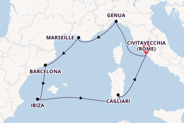 Westelijke Middellandse Zee vanaf Civitavecchia (Rome), Italië met de MSC Orchestra