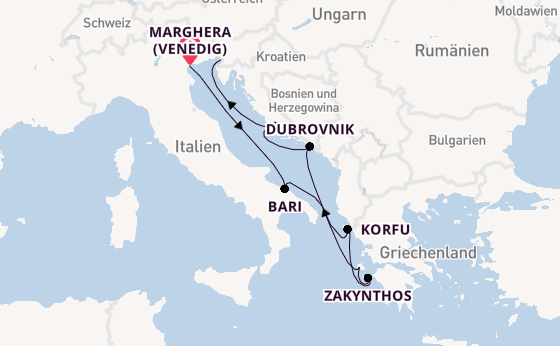 Mittelmeer ab Marghera (Venedig) auf der Costa Deliziosa