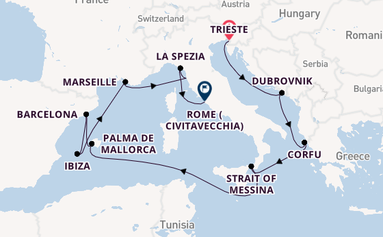 Western Mediterranean from Trieste, Italy with the Queen Elizabeth