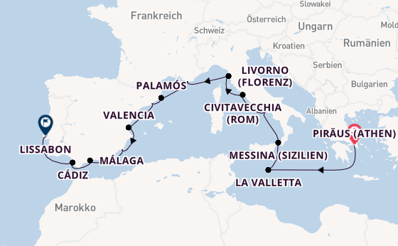 Westliches Mittelmeer ab Piräus (Athen), Griechenland auf der Aurelia