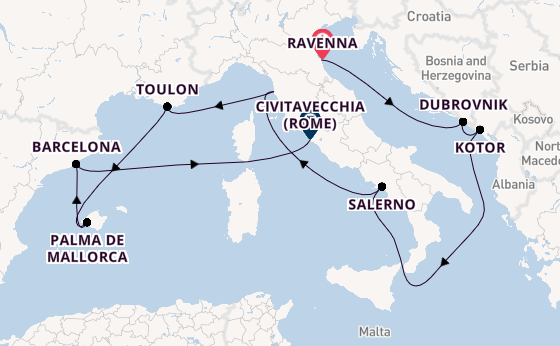 Westelijke Middellandse Zee vanaf Ravenna, Italië met de Norwegian Prima