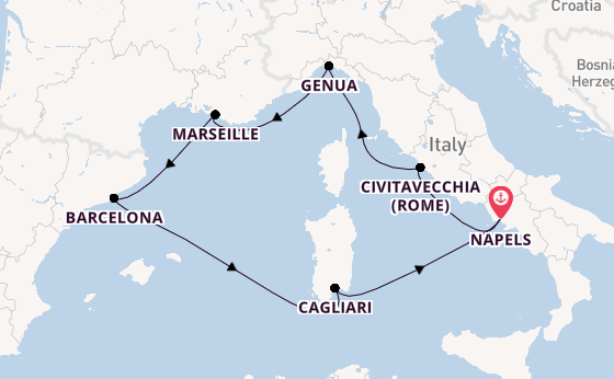 Westelijke Middellandse Zee vanaf Napels, Italië met de Costa Smeralda