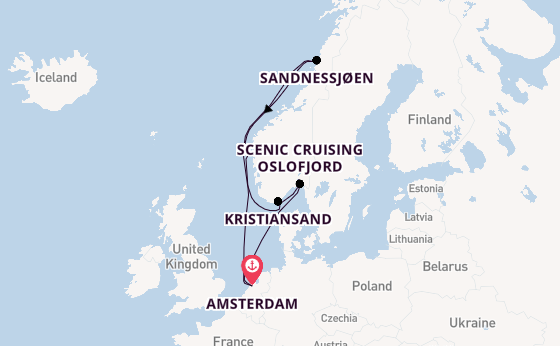 Noorwegen vanaf Amsterdam, Nederland met de Zuiderdam