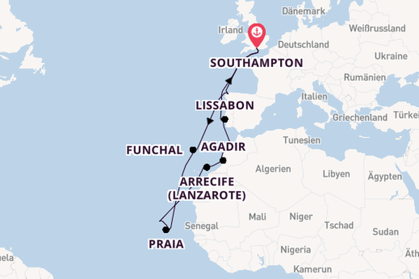 Portugal ab Southampton, Großbritannien auf der Aurora