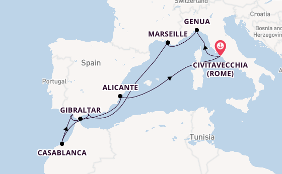 Westelijke Middellandse Zee vanaf Civitavecchia (Rome), Italië met de MSC Sinfonia