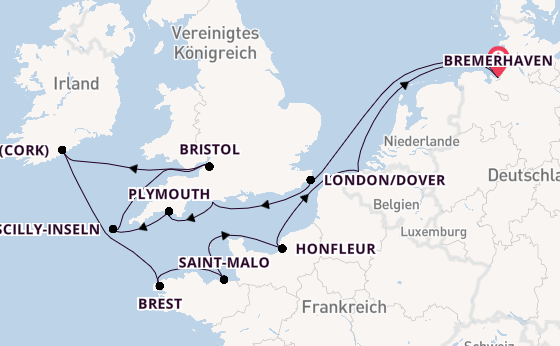 Britische Inseln ab Bremerhaven, Deutschland auf der Amera