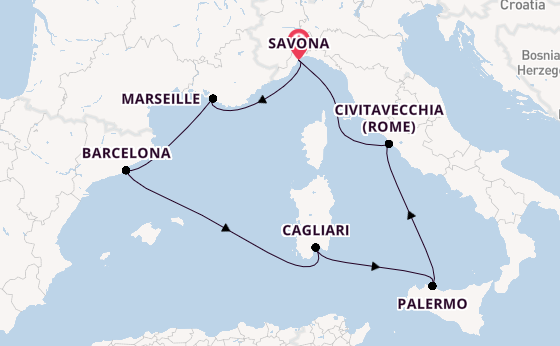 Westelijke Middellandse Zee vanaf Savona, Italië met de Costa Smeralda