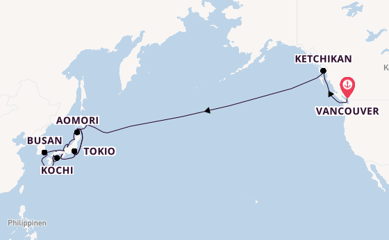 Transpazifik ab Vancouver, Kanada auf der Westerdam