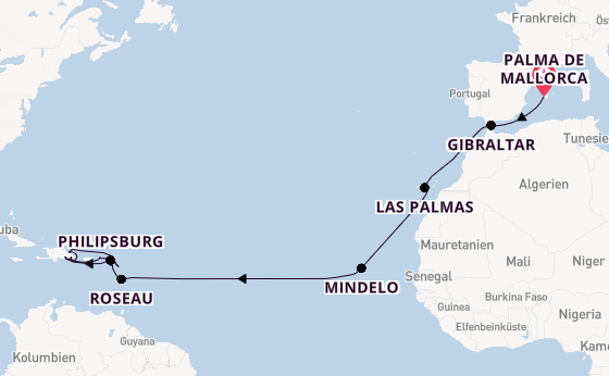 Karibik ab Palma de Mallorca, Spanien auf der Mein Schiff 5
