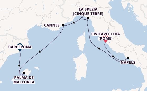 Westelijke Middellandse Zee vanaf Civitavecchia (Rome), Italië met de Celebrity Equinox