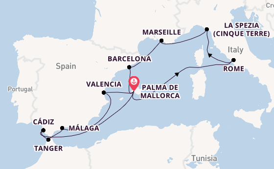 Westelijke Middellandse Zee vanaf Palma de Mallorca, Mallorca, Spanje met de Mein Schiff 4