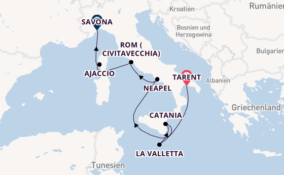 Westliches Mittelmeer ab Tarent, Italien auf der Costa Serena