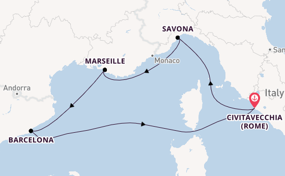 Westelijke Middellandse Zee vanaf Civitavecchia (Rome), Italië met de Costa Smeralda