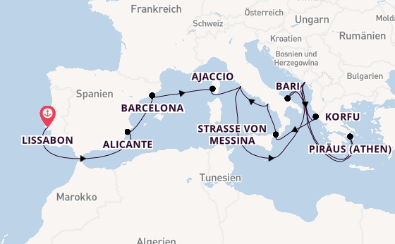 Mittelmeer ab Lissabon, Portugal auf der Oosterdam