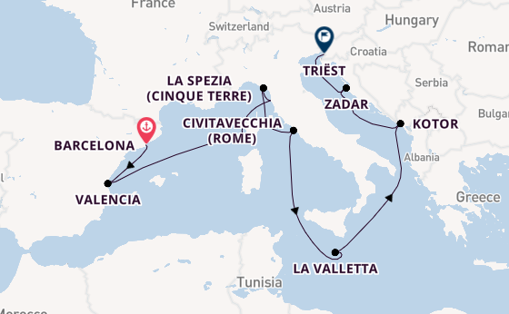 Middellandse Zee vanaf Barcelona, Spanje met de Queen Elizabeth