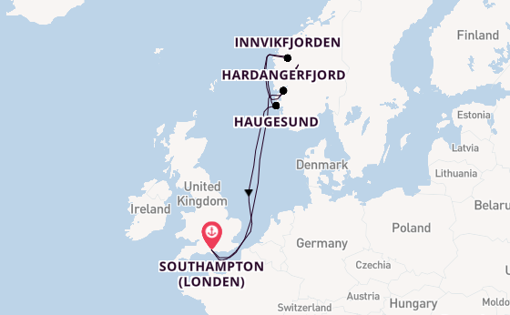 Noorwegen vanaf Southampton (Londen), Engeland met de Queen Anne