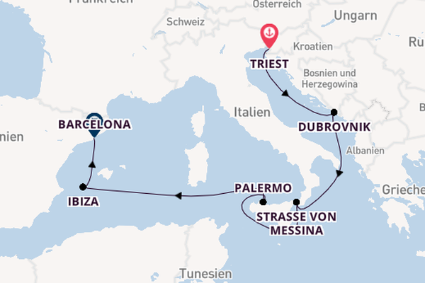 Westliches Mittelmeer ab Triest, Italien auf der Queen Elizabeth